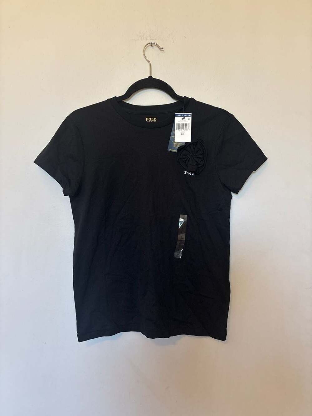 NWT Polo Ralph Lauren Women's Black Cotton Logo T-Shirt with Flower Applique
